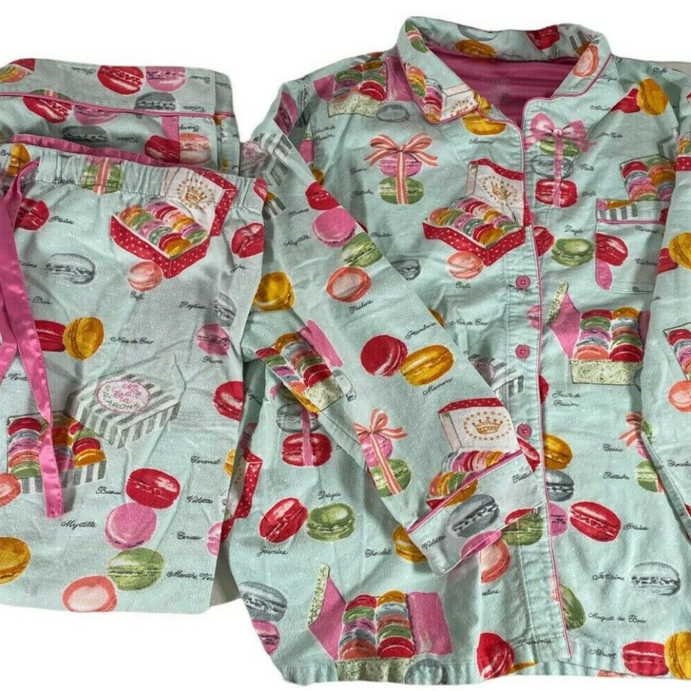 Nick & Nora Womens Pajama Set XXL Mint Green Button Up L/S With Pants Macarons